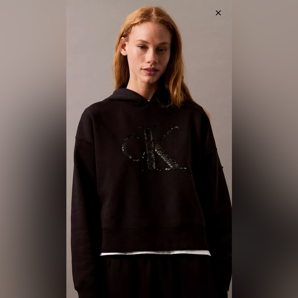Calvin Klein Sequin Monogram Logo Cropped Hoodie